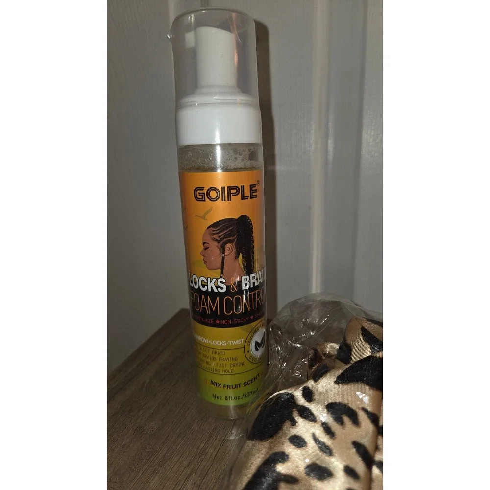 Goiple Locks and Braid Foam Control 8oz with Leopard Print Satin Hair Bonnet Set